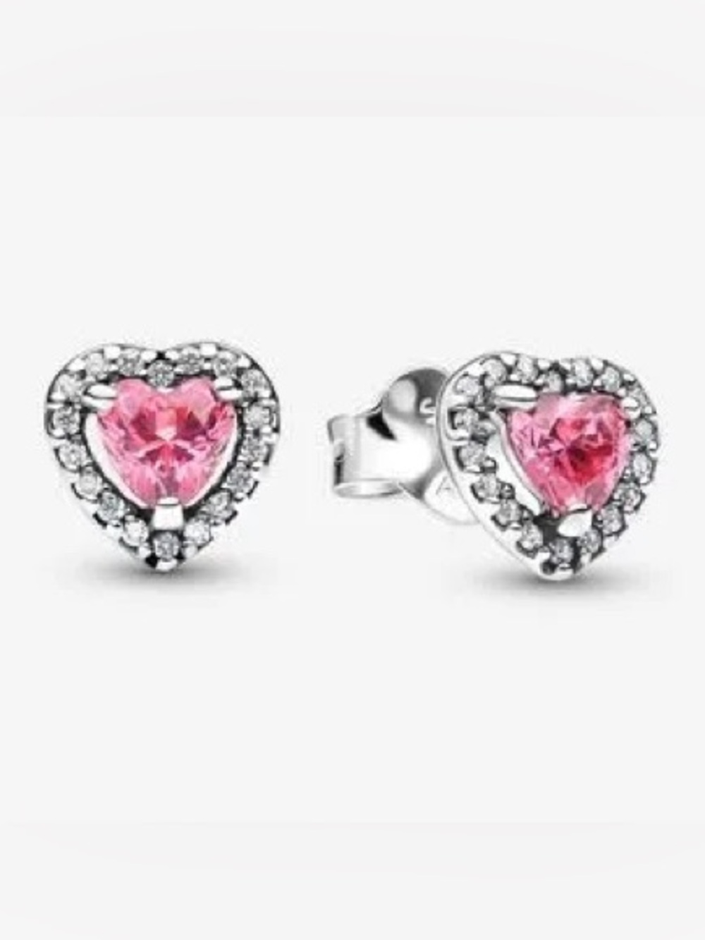 Pink Heart Halo Stud Earrings - Silver Tone